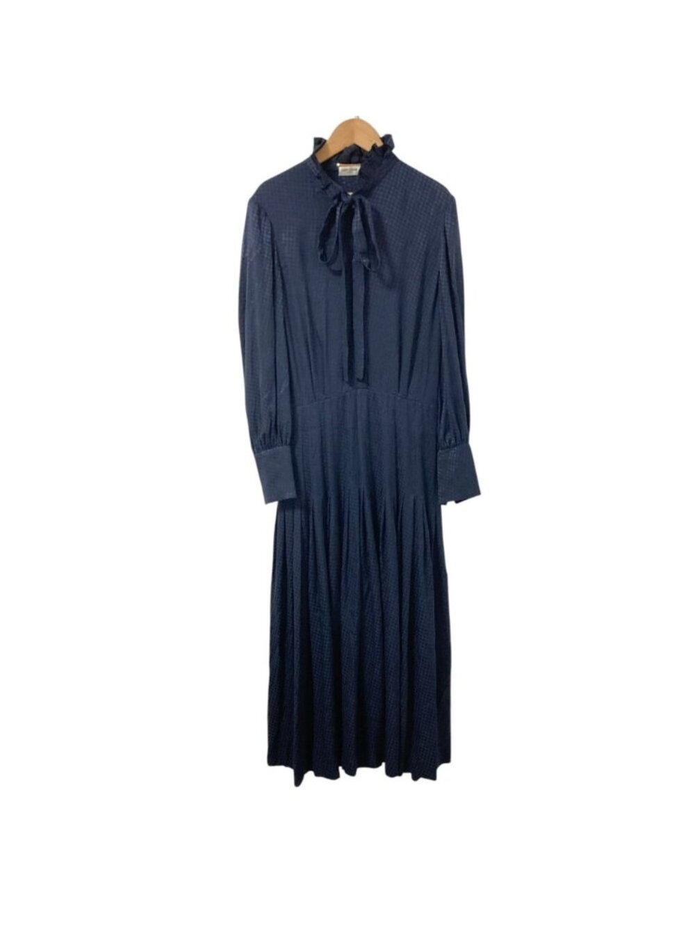 Saint Laurent Paris Houndstooth Lavalliere Neck Dress Navy